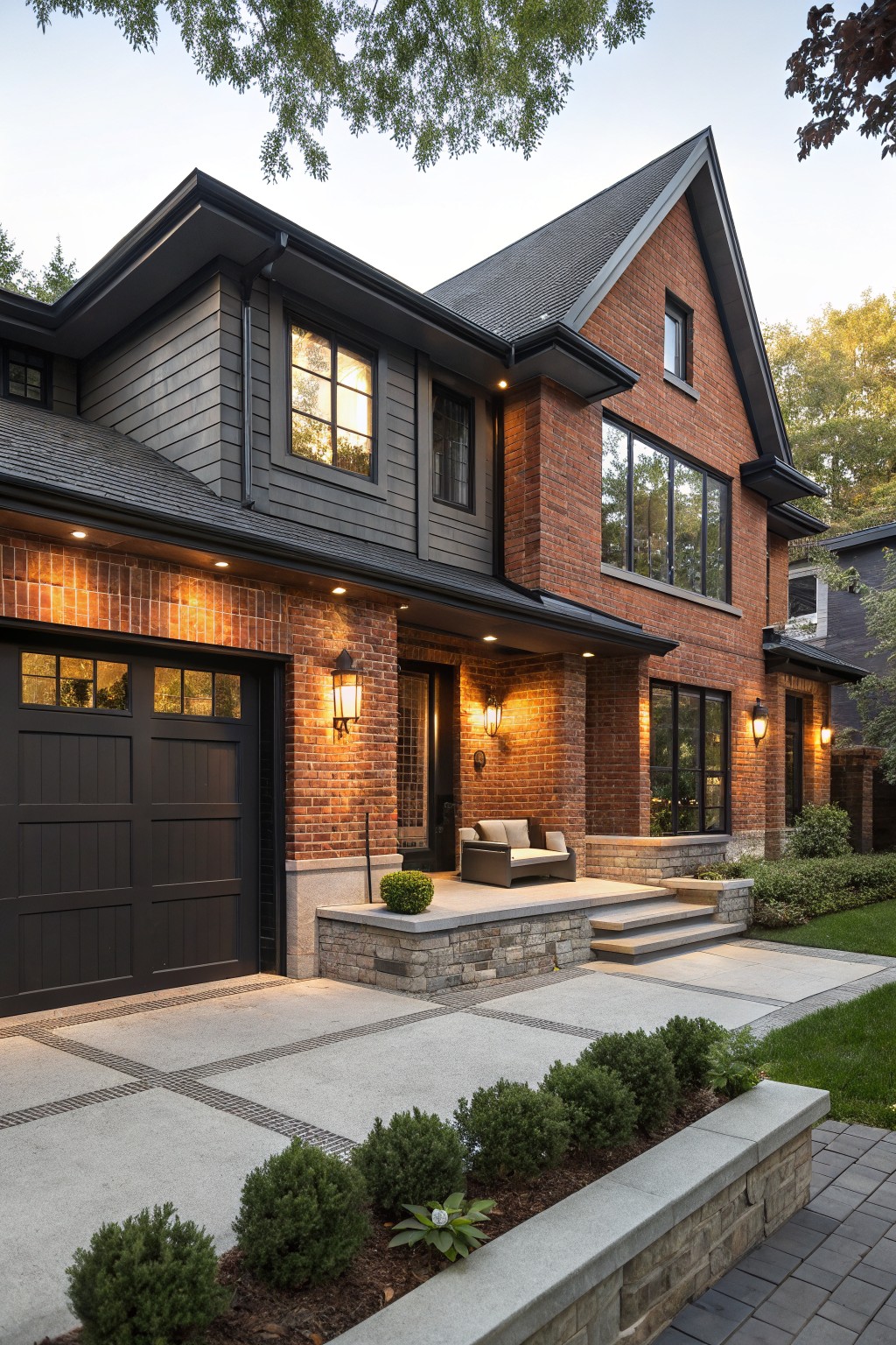 Two-story house exterior with red brick on the lower level and gable ends, dark gray siding on upper sections, black-framed windows and garage door, front entry porch with stone steps, lanterns, potted plants, and low boxwood shrubs along a concrete path.