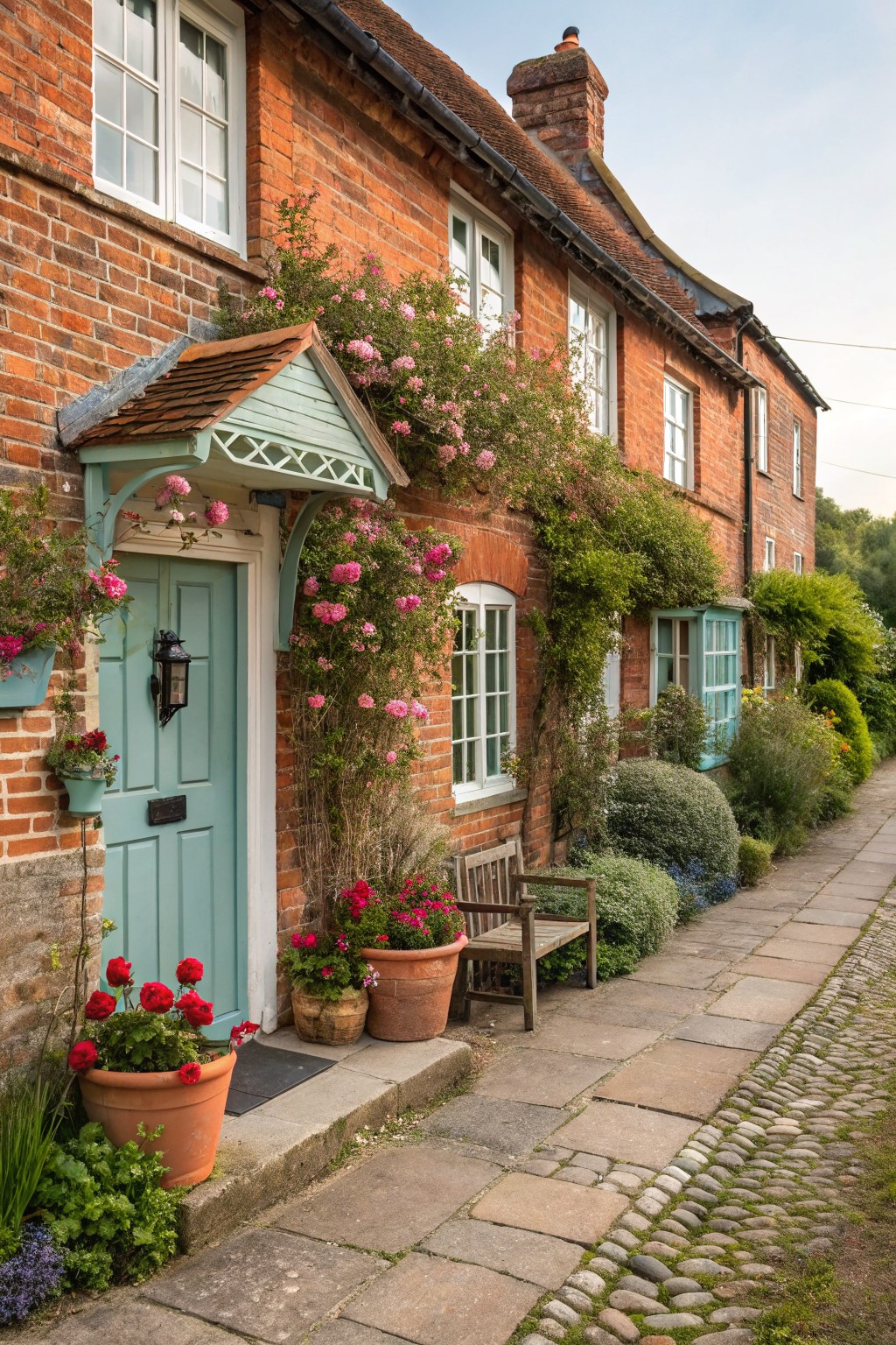 Red brick English cottage exterior featuring a turquoise front door under a green porch canopy with climbing pink roses, potted red geraniums, a wooden bench, lantern light, and adjacent garden plantings along a stone path.