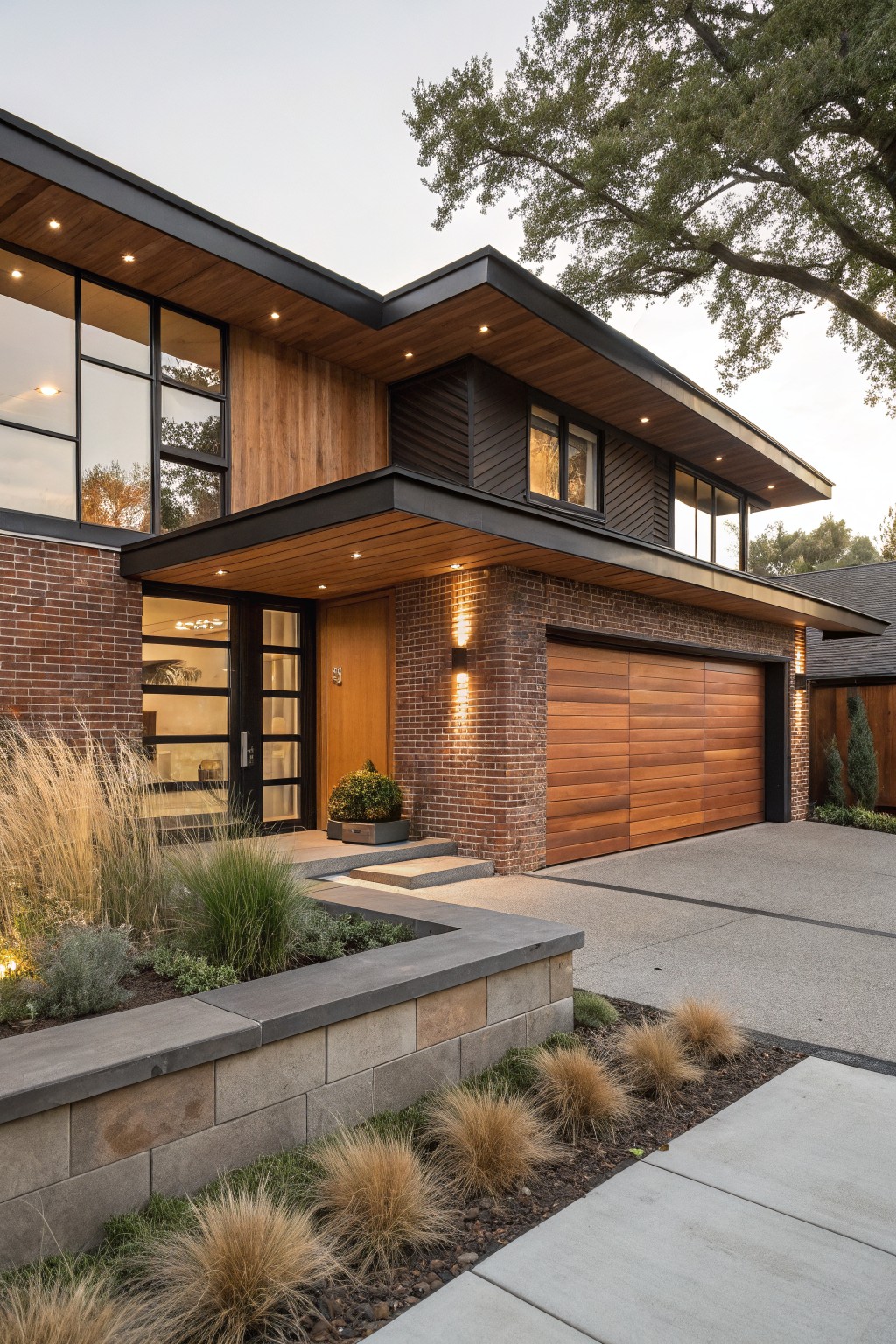 Modern two-story house exterior with red brick base, horizontal wood cladding on upper sections and garage door, black metal-framed windows and entry doors, wood overhang above entrance, ornamental grasses in landscaped beds, and concrete driveway.