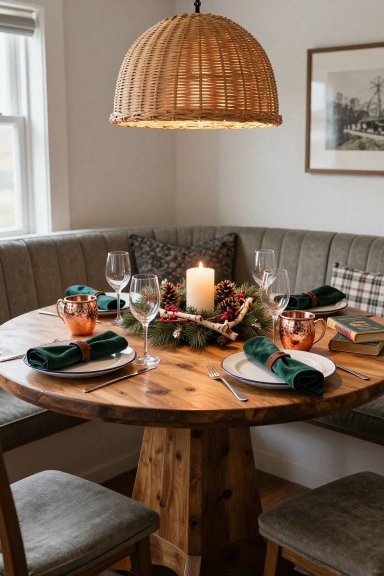 Round wooden dining table in a gray upholstered corner bench nook, set with green napkins in leather bands, copper mugs, wine glasses, plates, and a central holiday arrangement of pine branches, pinecones, berries, and a lit pillar candle under a wicker pendant lamp.
