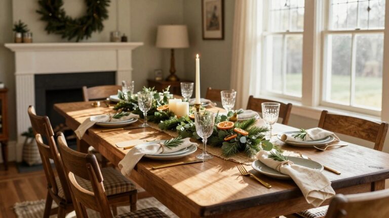 Rustic wooden dining table set for Christmas dinner with burlap runner, central garland of eucalyptus, rosemary, dried orange slices and white candles, white plates, gold flatware, linen napkins tied with rosemary sprigs, crystal glassware, and green wreaths on beige walls near a window.