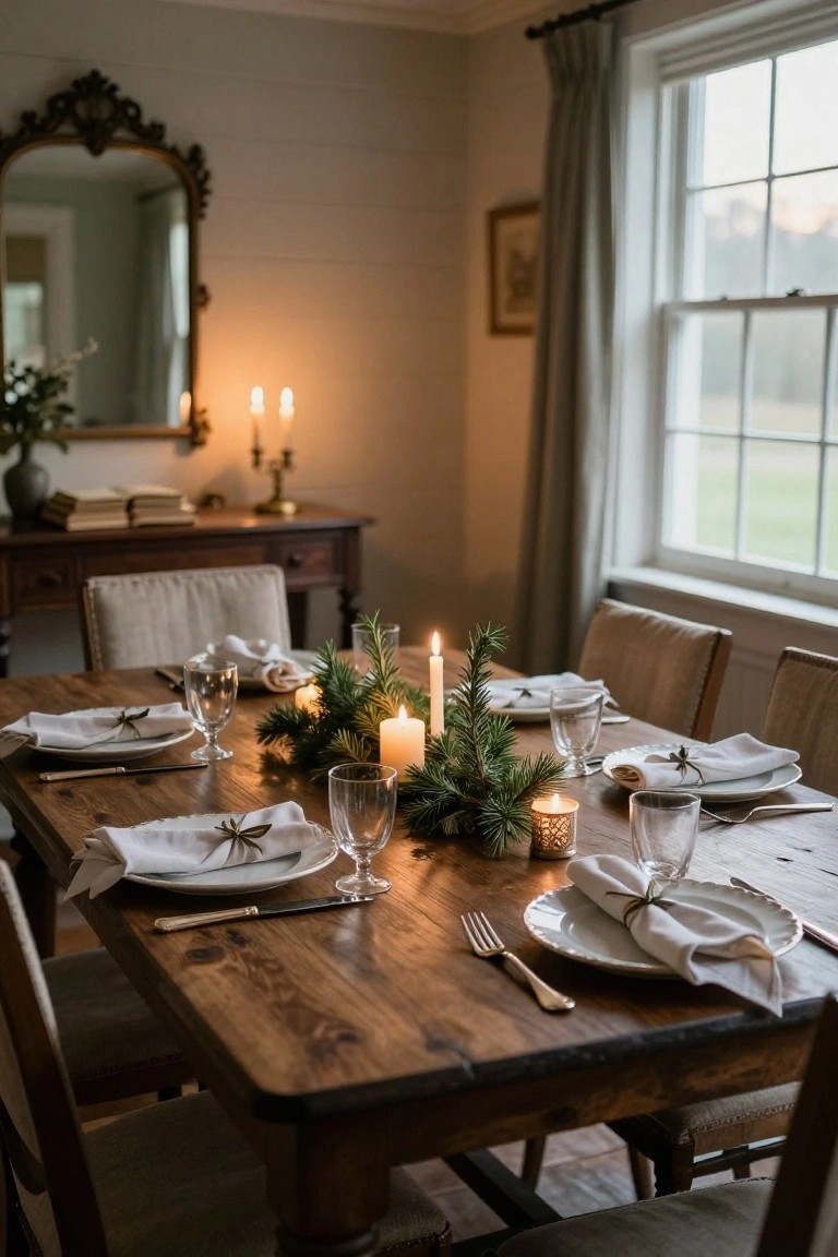 Rustic wooden dining table set for four with white plates, linen napkins tied with twigs, wine glasses, silverware, central cluster of fir branches and pillar candles, in a cozy room with beige chairs and warm ambient lighting.