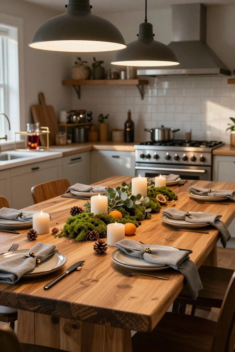 Wooden dining table in a kitchen with Christmas centerpiece of moss, eucalyptus, pillar candles, pinecones, orange slices, and walnuts, surrounded by place settings with gray napkins, white plates, and wooden chairs.