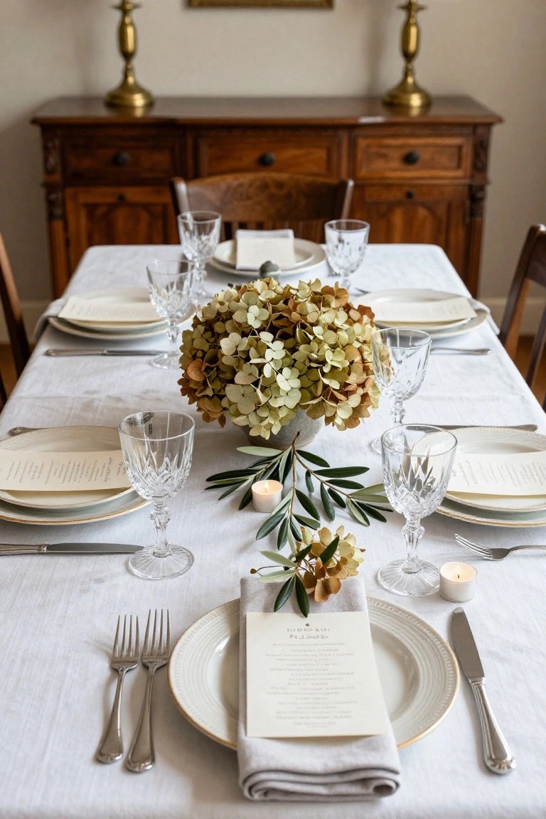 Close-up of a formally set dining table on white linen with a central terracotta pot of dried beige hydrangeas and olive branches, flanked by crystal wine glasses, white plates with menus, silverware, candles, and wooden chairs in the background.