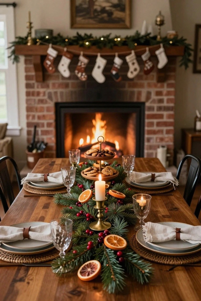 Wooden dining table set for Christmas dinner with lengthwise pine garland runner accented by orange slices, red berries, brass candlesticks, cookies on a tiered stand, and place settings, brick fireplace with stockings in background.