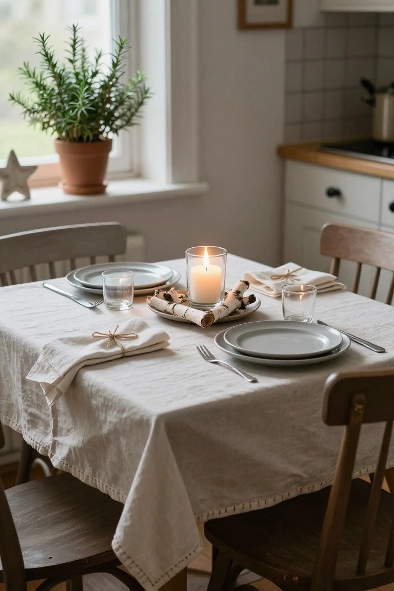 Wooden dining table covered in white linen tablecloth, set with gray plates, forks, knives, glasses, linen napkins tied with twine, and a centerpiece of birch branches holding lit pillar candles in a kitchen with gray chairs and a potted rosemary plant by the window.