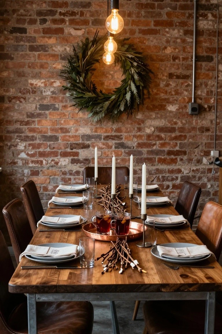 Exposed brick wall with evergreen wreath and pendant lights behind a wooden dining table set with white plates, candles, glassware, mulled drinks, and leather chairs in an industrial-style room.