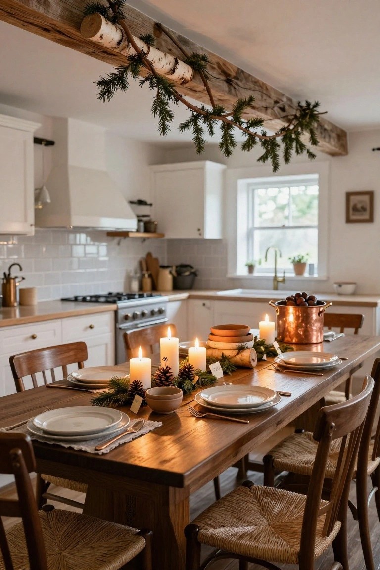 A rustic white kitchen with wooden dining table set for Christmas, featuring candles, pine garlands, birch branch overhead, white plates, copper pot of chestnuts, and wooden chairs.