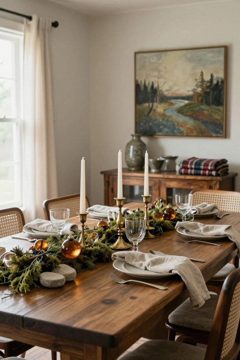 A wooden dining table in a light room, centered with a garland runner of green pine, moss, amber glass ornaments, and brass candlesticks holding white tapered candles, set with white plates, linen napkins, glassware, and silverware beside rattan chairs.