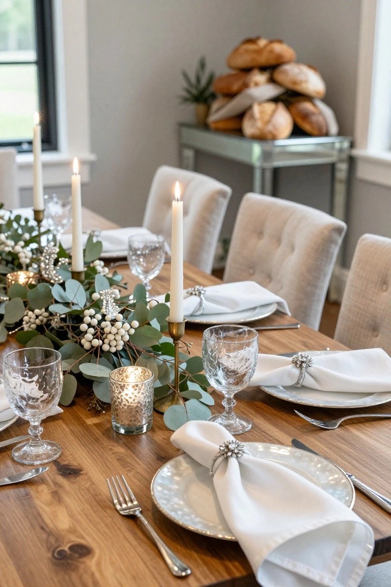Close-up of a wooden dining table set for Christmas with a lengthwise eucalyptus and white berry garland runner, brass taper candles, glassware, white plates with napkins, silverware, and beige tufted chairs around it, plus a sideboard holding loaves of bread nearby.