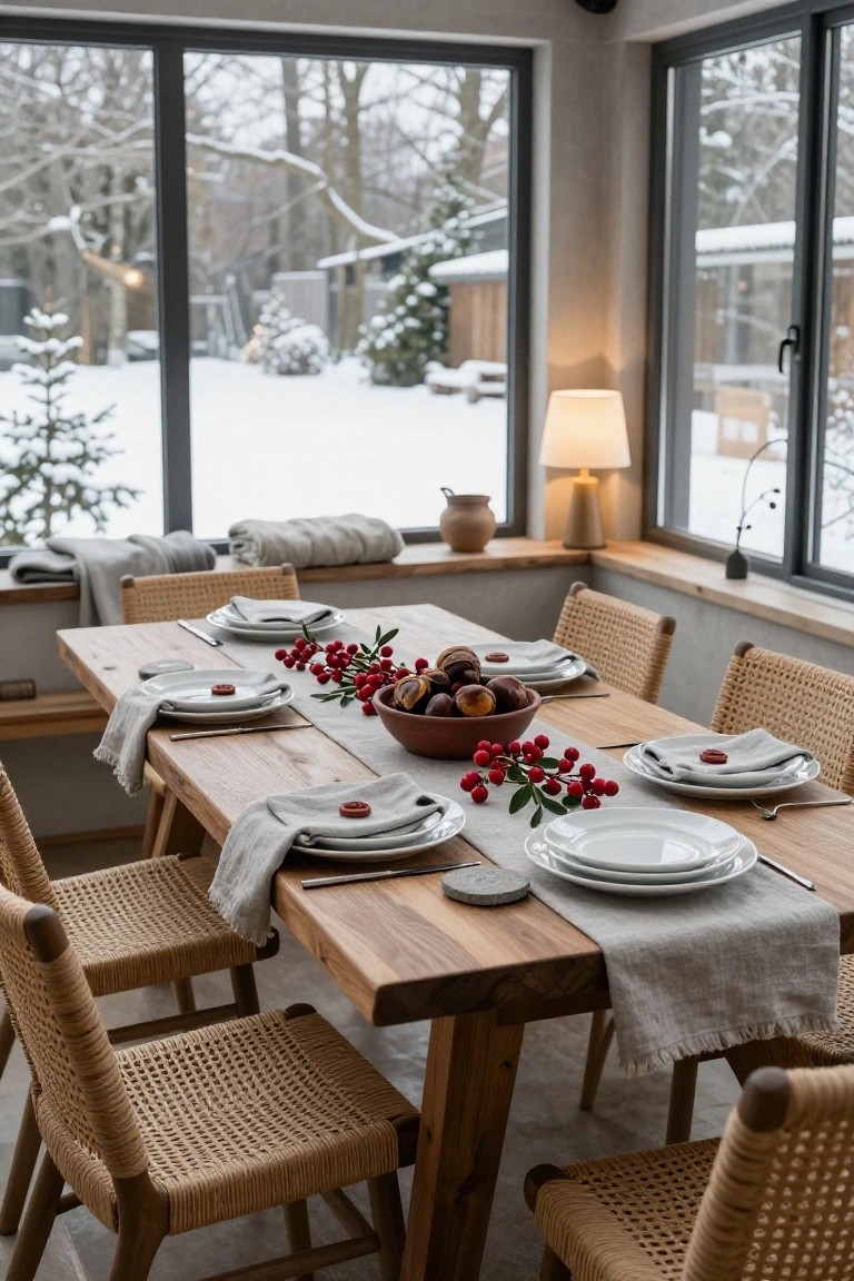 Wooden dining table in a sunroom set with white plates, gray linen napkins, red berry branches, and a bowl of chestnuts, surrounded by rattan chairs, with large windows showing snowy trees outside.