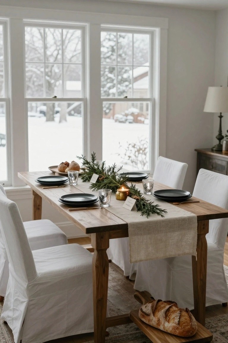 A wooden dining table in a bright room with snowy views through large windows, set with a greenery runner, black plates, glassware, gold candles, and a bread loaf on a board, surrounded by white slipcovered chairs.