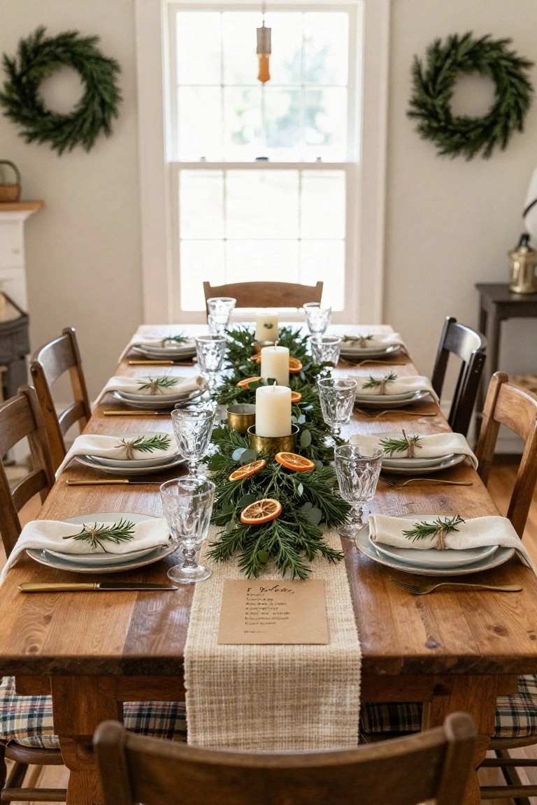 Rustic wooden dining table set for Christmas dinner with burlap runner, central garland of eucalyptus, rosemary, dried orange slices and white candles, white plates, gold flatware, linen napkins tied with rosemary sprigs, crystal glassware, and green wreaths on beige walls near a window.