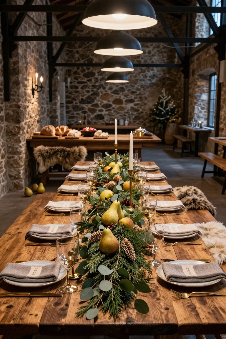 Long wooden dining table in a stone-walled barn interior decorated for Christmas with a centerpiece garland of pears, oranges, pinecones, evergreen branches, and candles, flanked by benches with sheepskin throws.