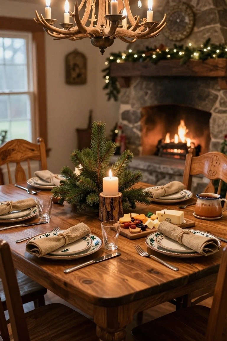 Rustic wooden dining table set for Christmas dinner with linen napkins on plates, small fir tree on wood stump centerpiece, cheese and charcuterie board, candles, glasses, and mugs, in a room with stone fireplace, garlands, and antler chandelier.