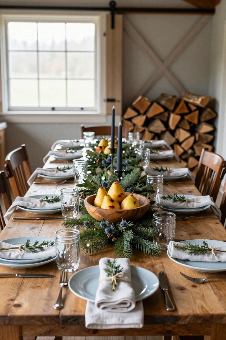 Rustic wooden dining table set for Christmas with a wooden bowl of yellow pears as centerpiece, surrounded by pine branches, blue thistles, dark blue candles, mason jar glasses, blue plates, linen napkins tied with rosemary, and wooden chairs in a barn-like room with firewood stack nearby.