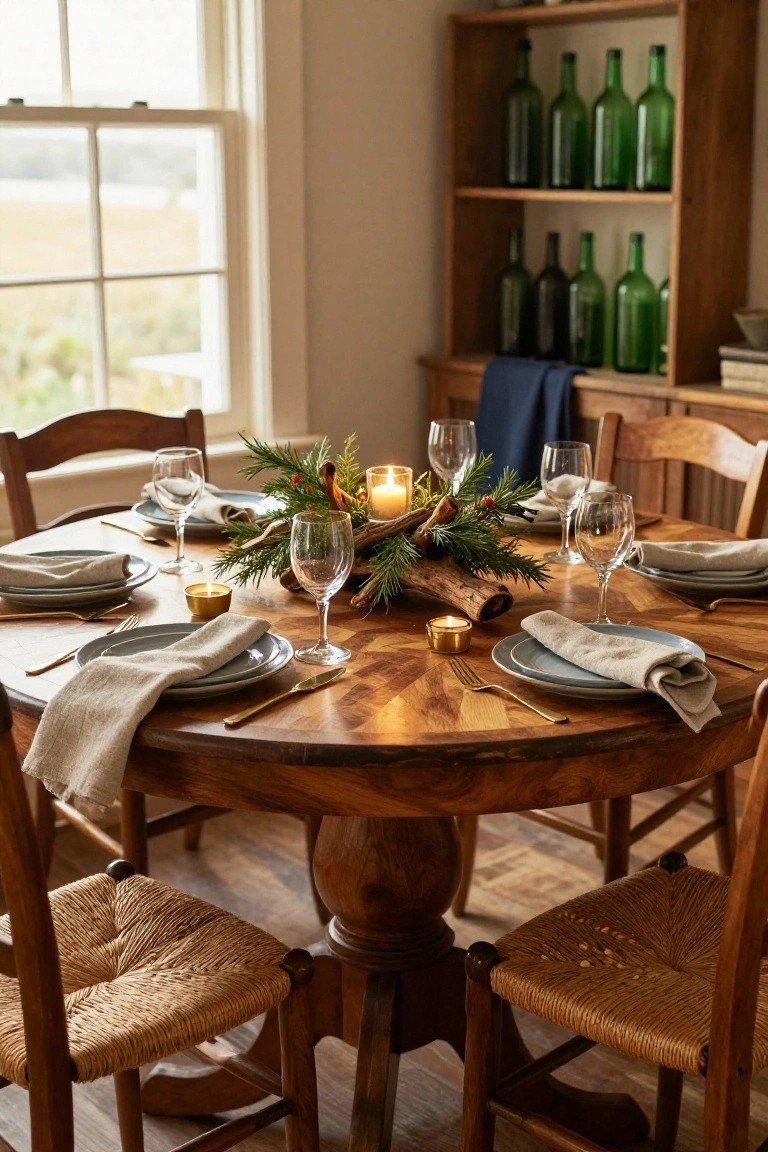 Round wooden dining table set for six with neutral plates, linen napkins, gold flatware, wine glasses, and a centerpiece of pine branches, red berries, cinnamon sticks, driftwood, and candles, in a room with wooden chairs, shelves of green bottles, and a window view.