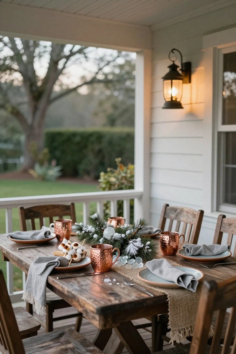 Wooden dining table on a white porch set for Christmas with gray linen napkins, terracotta plates holding marshmallows on sticks, copper mugs with pine sprigs and white berries centerpiece, wooden chairs, lantern light, and garden background.
