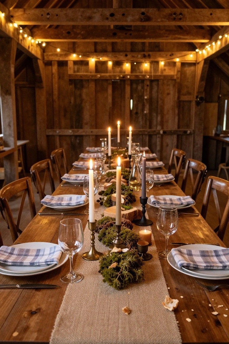 Long wooden dining table in a rustic wooden barn interior set with blue plaid napkins, white plates, wine glasses, multiple candles in brass and black holders, moss and greenery centerpiece on a beige linen runner, and string lights overhead.