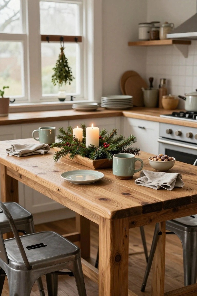 Kitchen dining table with a wooden box centerpiece holding lit white candles, green fir branches, red berries, and nuts, flanked by ceramic mugs, plates, and linen napkins, metal chairs, and white cabinets nearby.