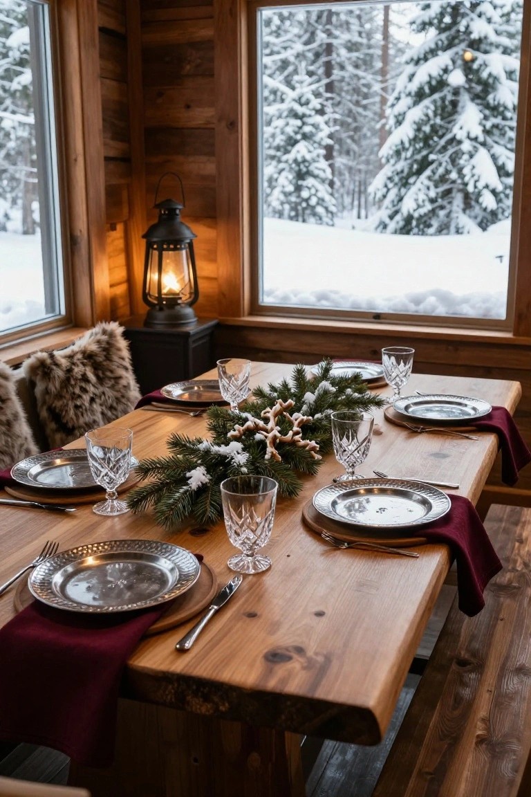 Rustic wooden dining table in a log cabin interior set for Christmas with silver plates, crystal glasses, red napkins, fur chairs, an oil lantern, and a central evergreen branch centerpiece with shells and snow, next to large windows showing snowy pine forest.