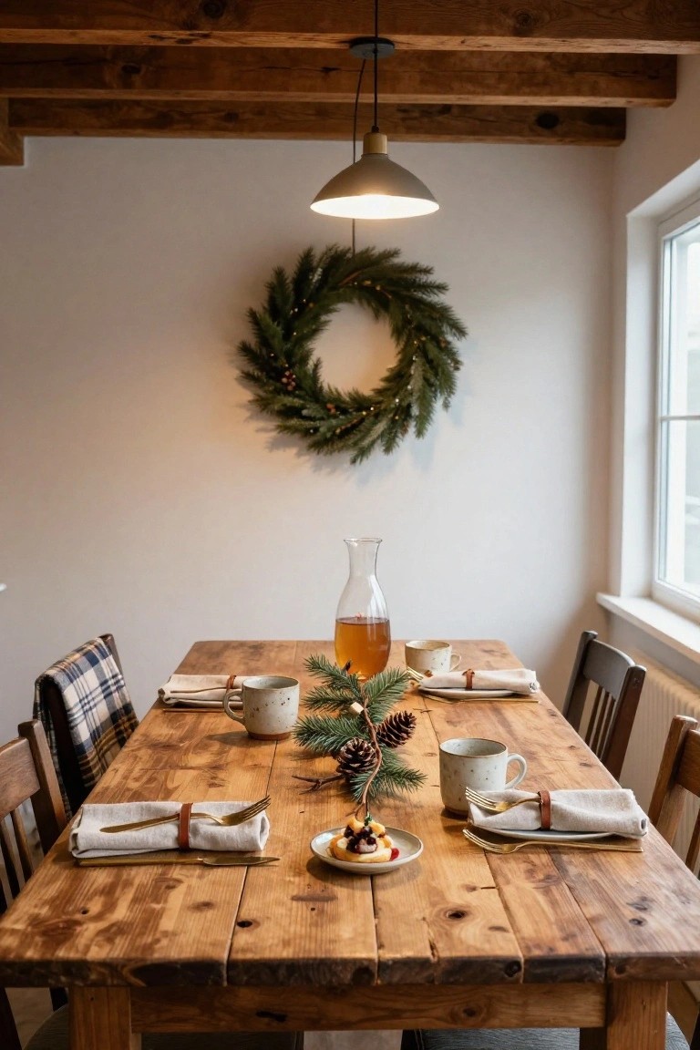 Rustic wooden dining table set for Christmas with plaid chairs, ceramic mugs and plates, pine branches and cones centerpiece, amber liquid in a glass carafe, linen napkins with leather ties, under exposed wood beams with a pendant light and evergreen wreath on the wall.