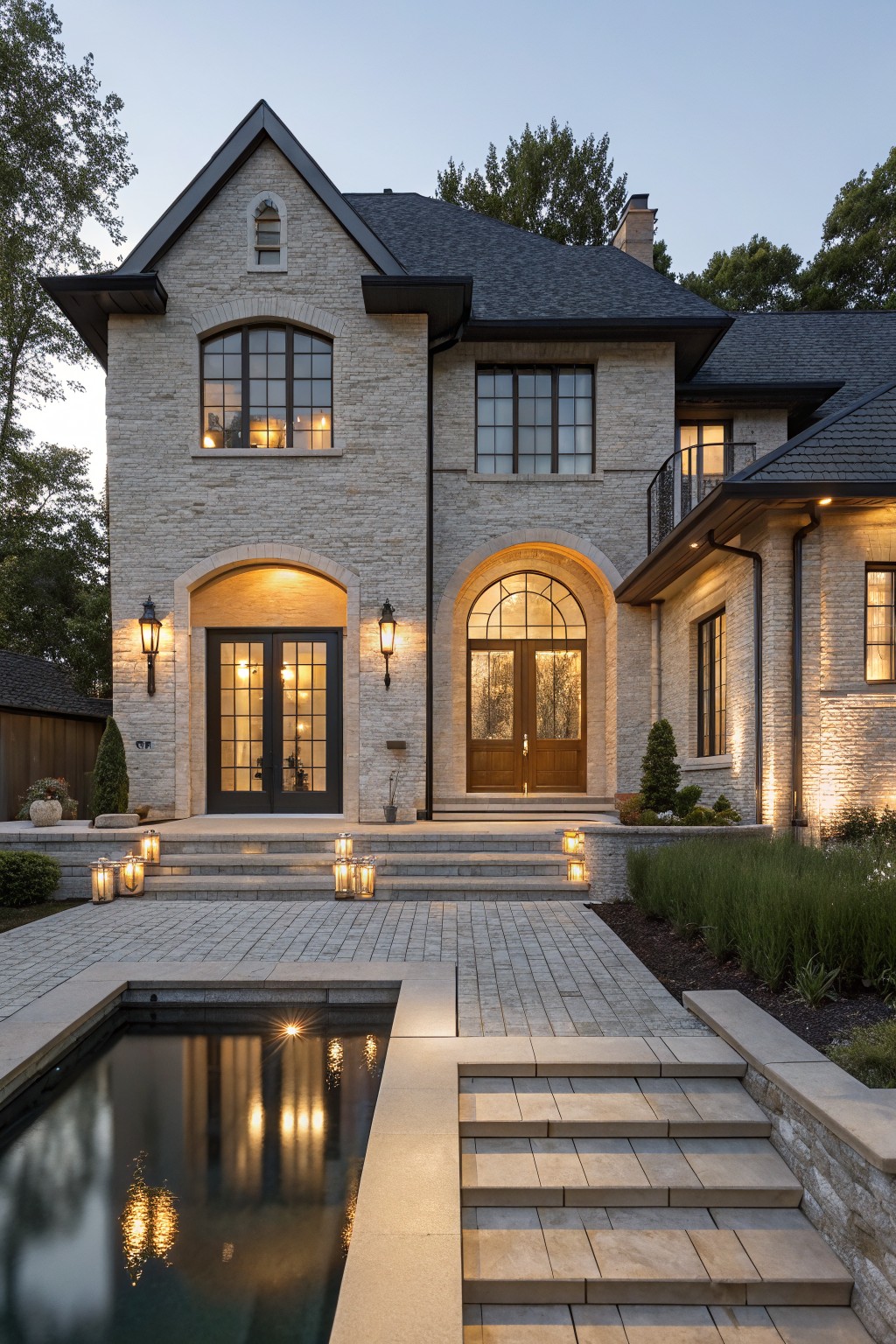 Evening view of a two-story beige stone house exterior featuring an arched double door entry with black frames, flanked by lanterns, wide steps leading to a rectangular pool, black roof, and surrounding landscaping with trees and plants.