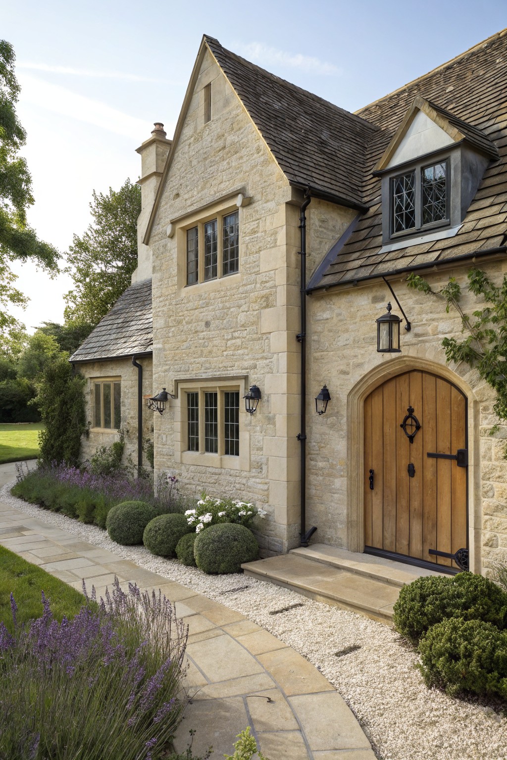 Arched Wooden Door on Stone Facade