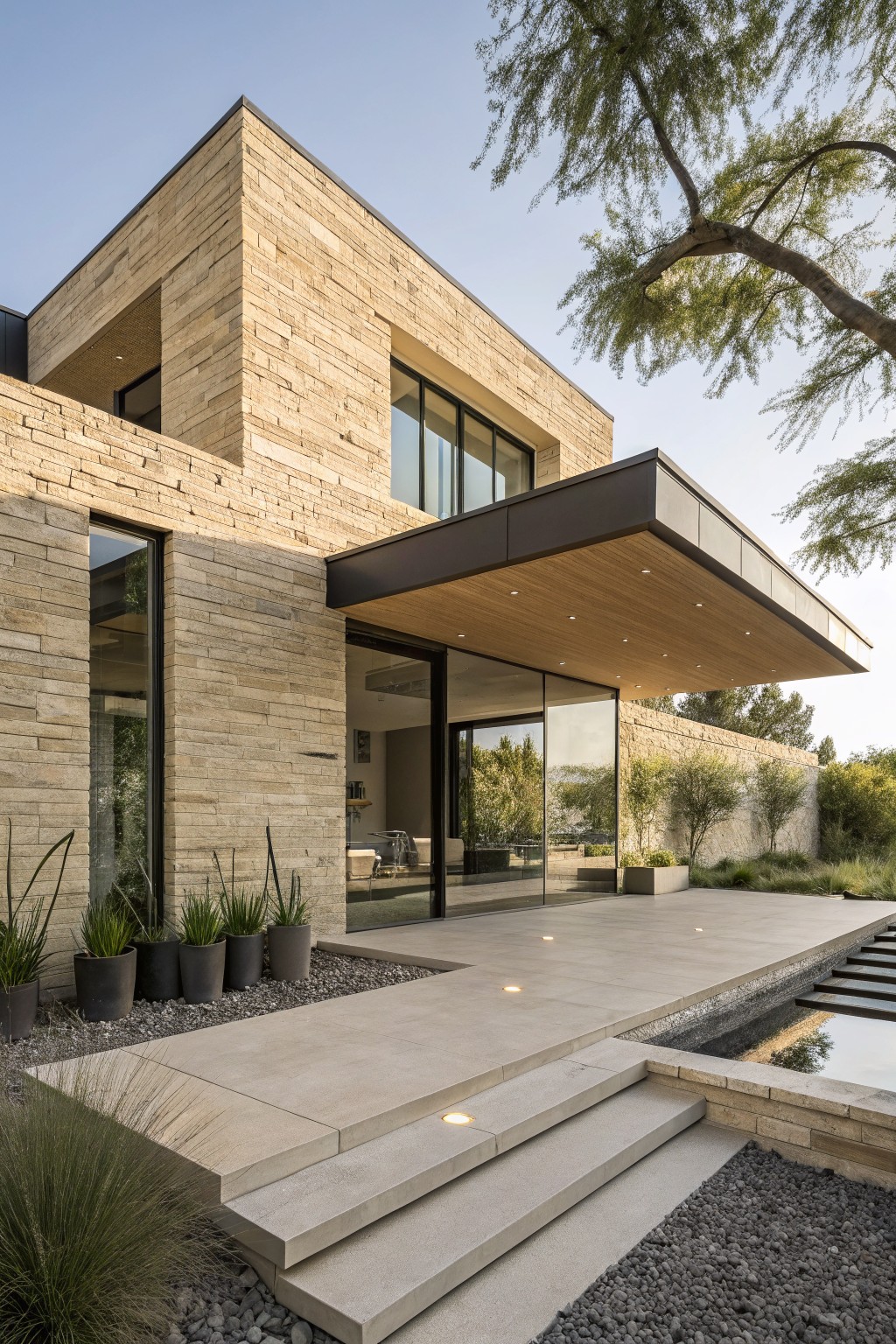Beige stone house exterior with large glass windows, a cantilevered wooden entry canopy over glass doors, concrete steps, potted plants, gravel ground cover, and surrounding desert trees and shrubs.