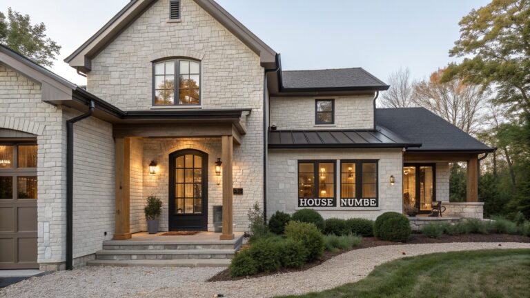 Front exterior of a light beige stone house with a dark wood arched portico over a wooden double door, flanked by lanterns and windows, boxwood shrubs along the base, and a paved walkway leading from a gravel driveway.