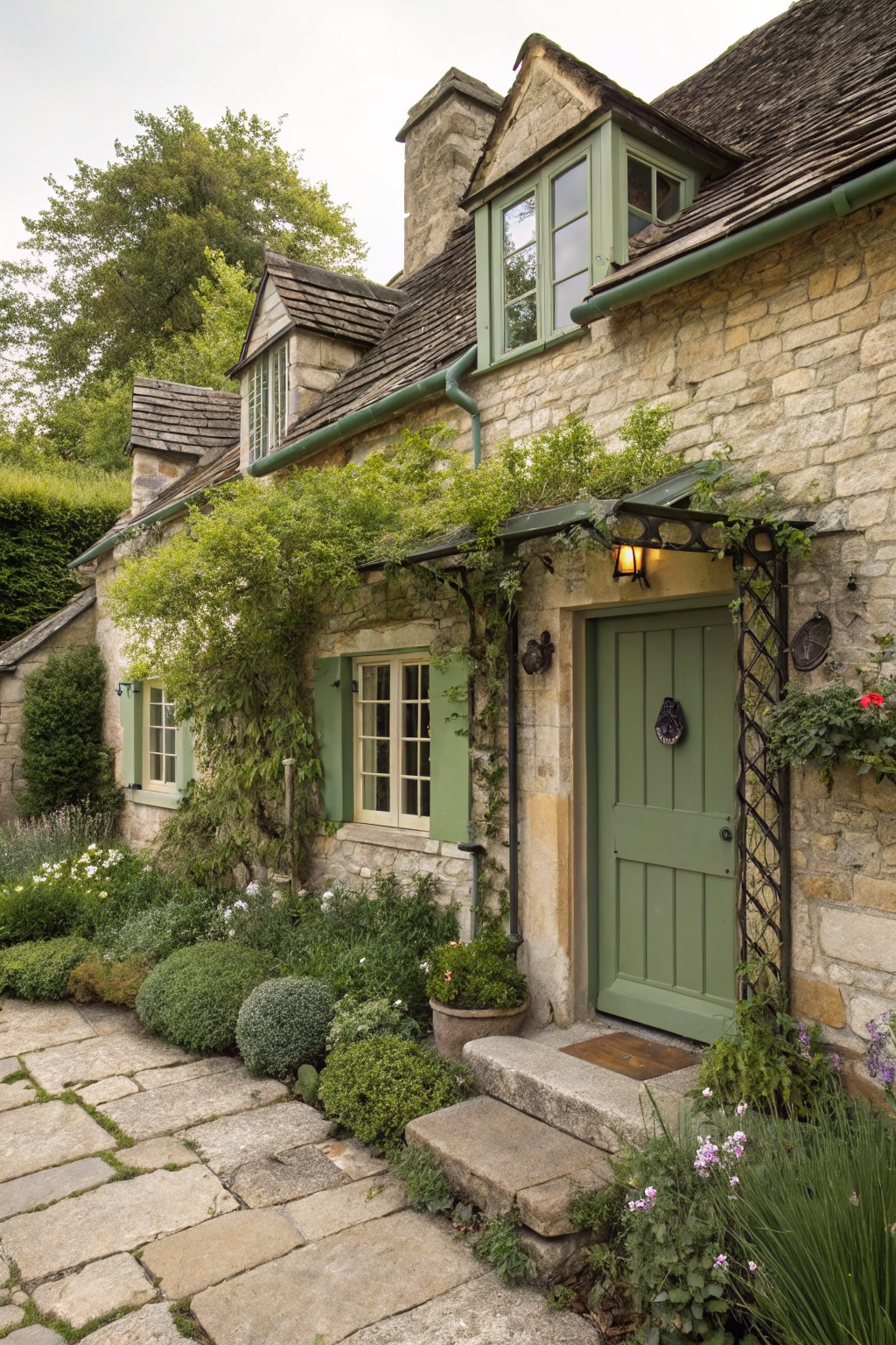 Stone cottage exterior with sage green painted door, green shutters, climbing vines on arched porch, wrought iron details, potted plants, flower beds, and stone slab pathway leading to steps.