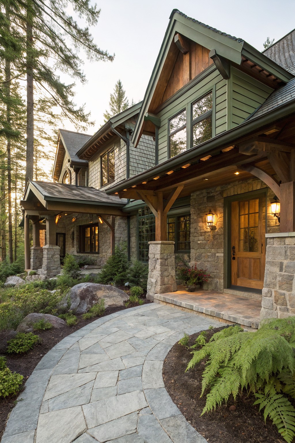 Two-story house exterior featuring green shingle siding, stone foundation and pillars, timber-framed covered porch with wood door and lanterns, curved flagstone pathway, and surrounding evergreen trees.