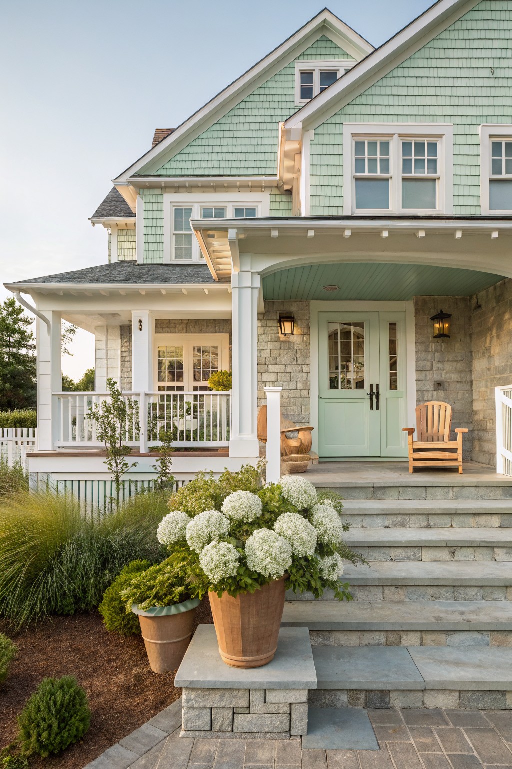 Mint green shingled house exterior with white porch columns, stone base and steps, green double front doors, wooden Adirondack chair, lanterns, and potted white hydrangeas.