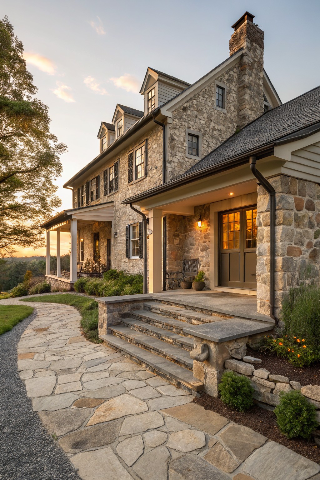 Two-story house exterior with fieldstone lower walls and chimney, white clapboard siding, gabled shingle roof, covered front porch with glass door and lantern, stone steps, flagstone path, and surrounding shrubs at dusk.