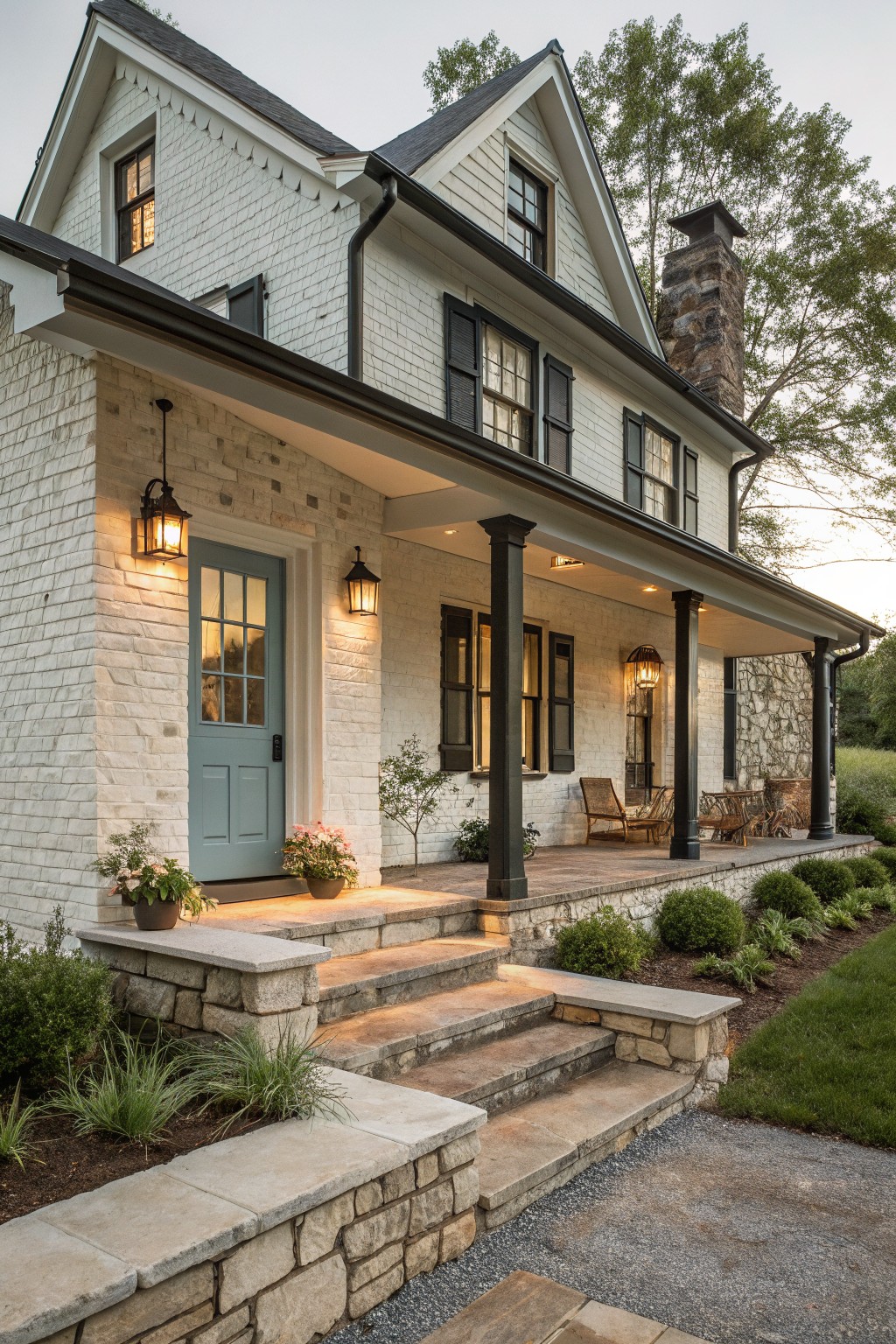 White painted brick two-story house exterior with black shutters and roof, turquoise paneled front door, stone chimney and base walls, covered porch with black columns and lanterns, stone steps flanked by plants, and gravel path at dusk.