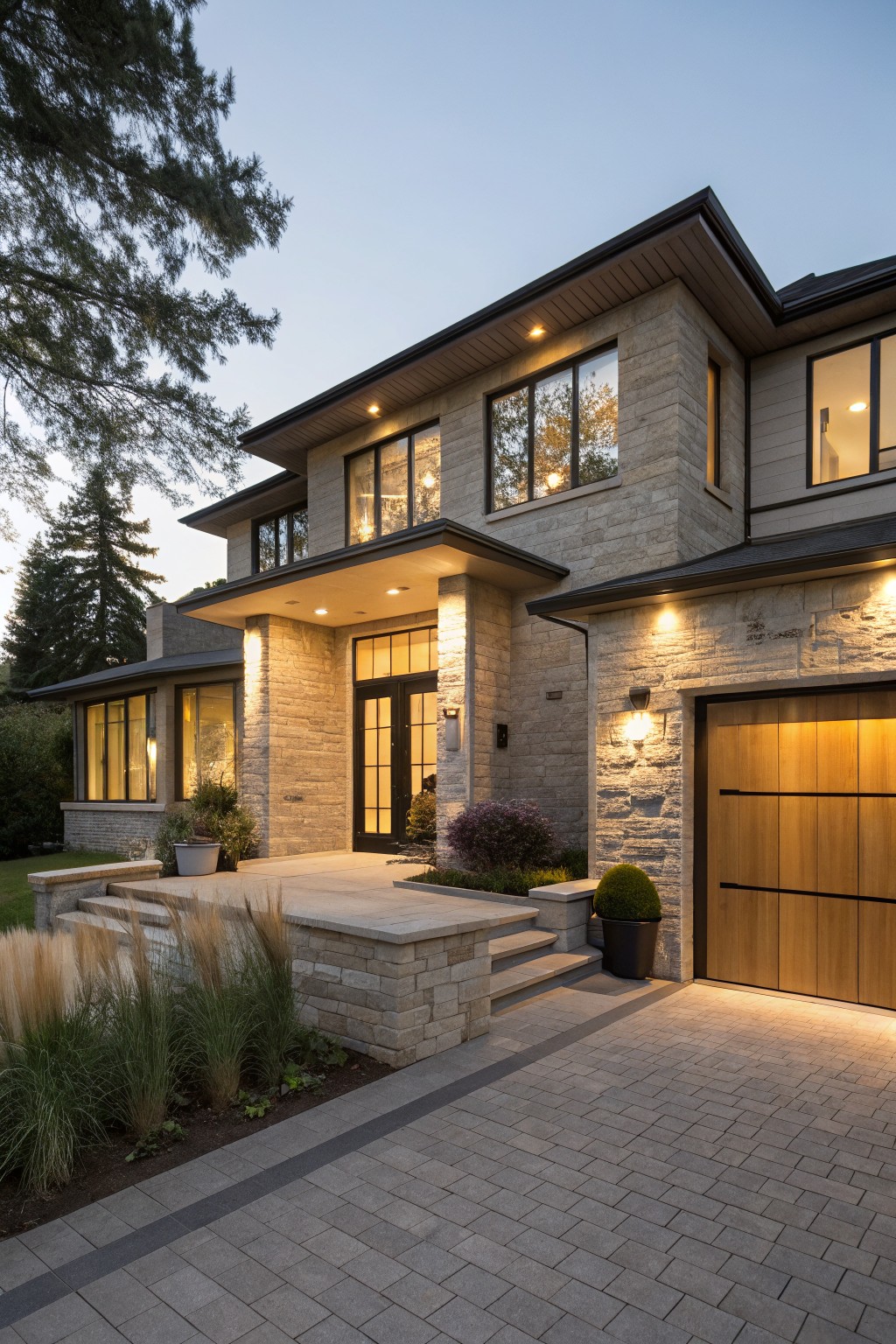 Two-story modern house exterior featuring light beige stone cladding, black-framed windows, cantilevered wooden overhang above glass entry doors flanked by stone pillars, wooden garage door, low landscaping with ornamental grasses, and dusk lighting on a paved driveway.