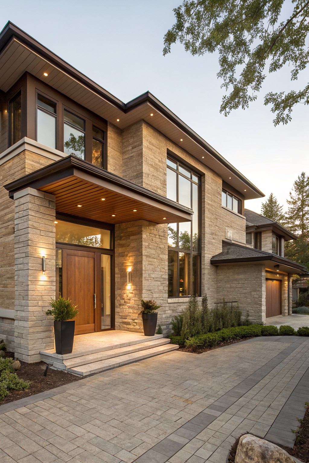 Side view of a modern two-story house with beige stone facade, large glass windows, dark wooden front door flanked by stone pillars and potted plants, wooden cantilevered entry canopy with recessed lights, and a gray brick-paver driveway.