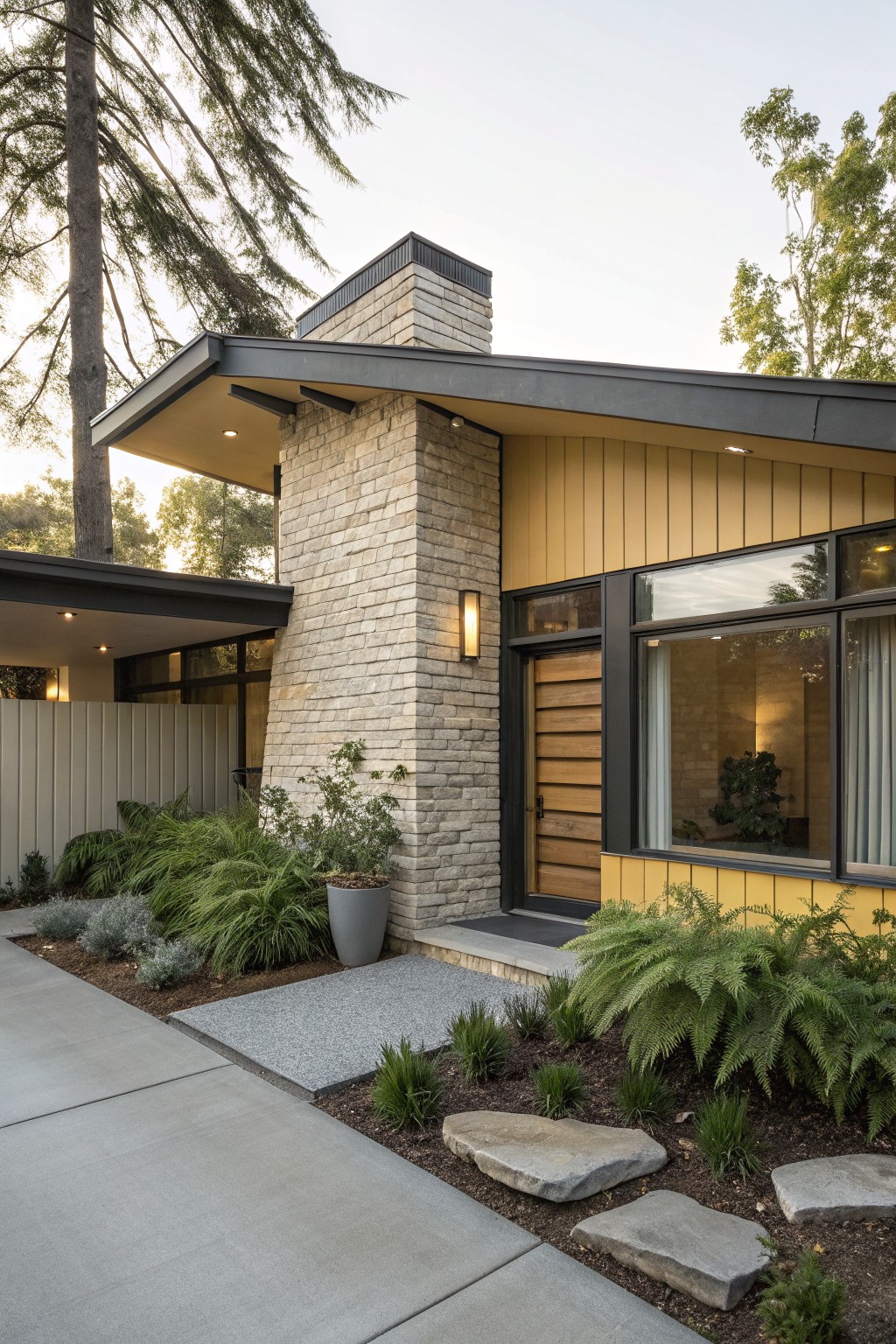 Modern house exterior showing a tall light beige stone chimney tower beside yellow vertical wood siding, black-framed windows, slatted wood entry door, and entry path with gravel, ferns, potted plant, and rocks.
