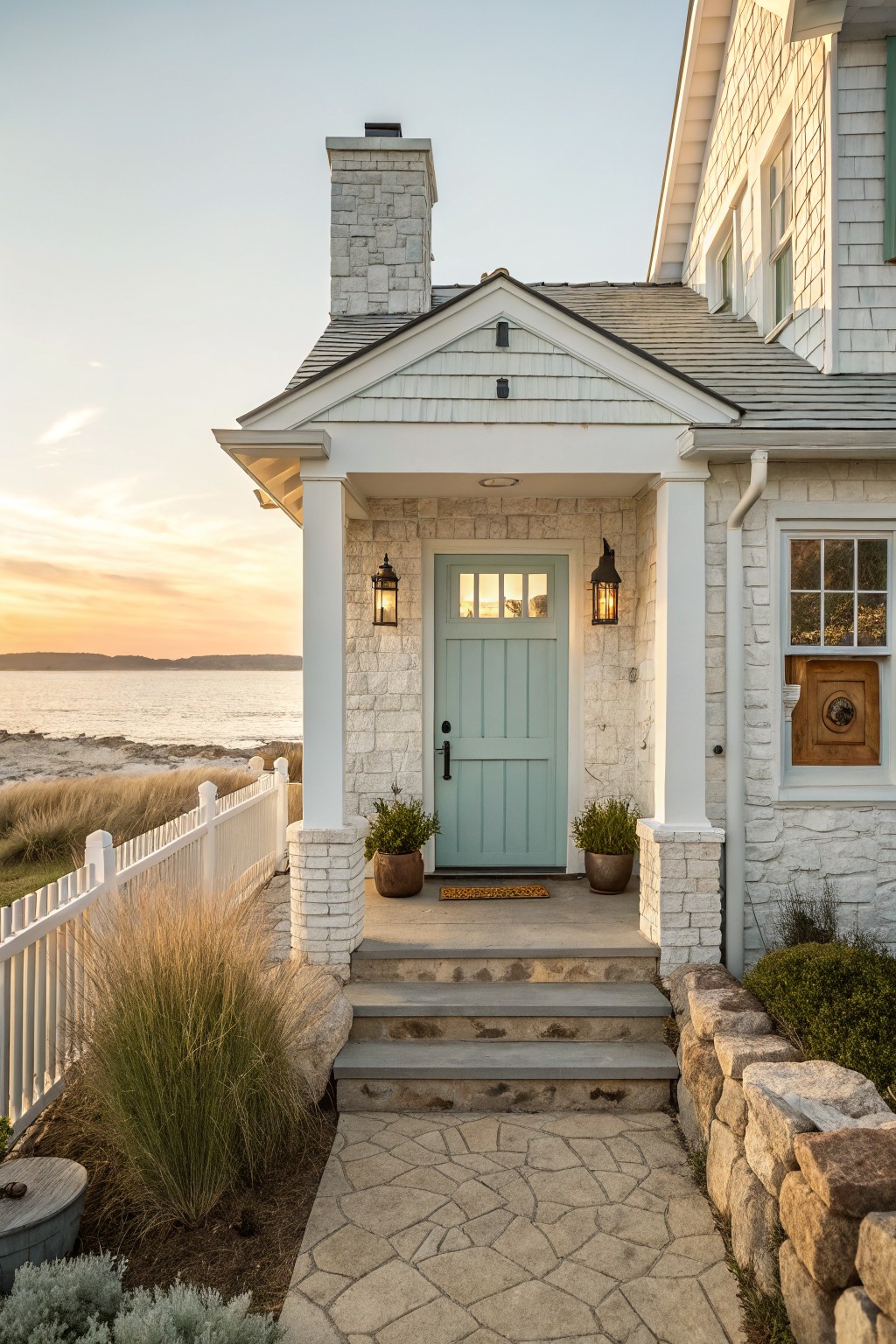 White painted brick and shingle house exterior with stone chimney, turquoise paneled front door, lanterns, potted plants on porch, stone steps, paver path, white fence, grasses, and ocean view at sunset.