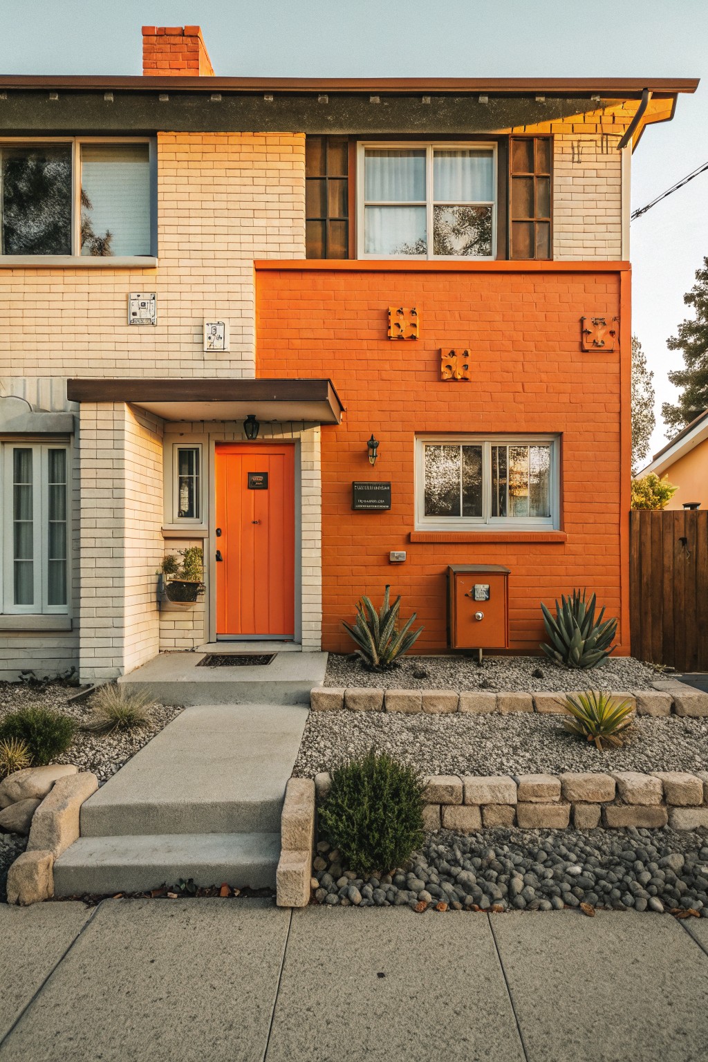 Duplex house exterior with beige brick on left side and orange painted brick on right side, orange front door, agave plants in gravel bed with stone retaining walls, and concrete steps.