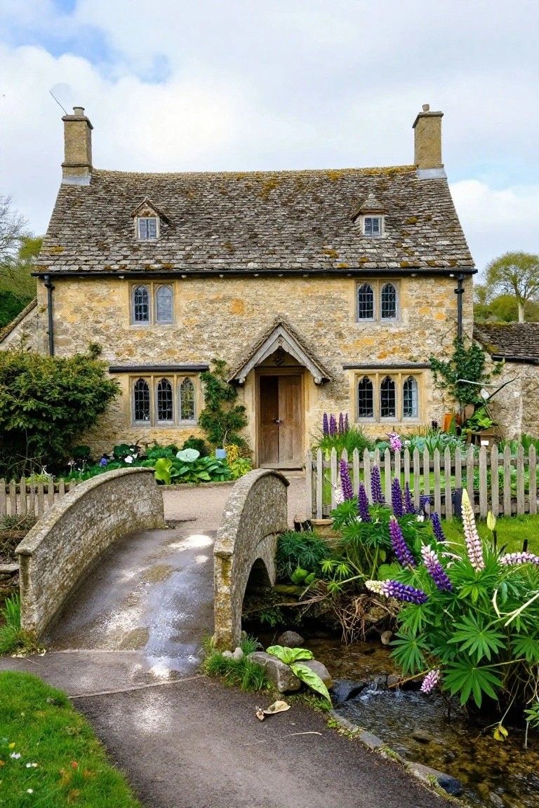 A two-story beige stone cottage with moss-covered roof, two chimneys, mullioned windows, and wooden front door under a small porch, accessed via an arched stone bridge over a stream amid flower gardens and picket fence.