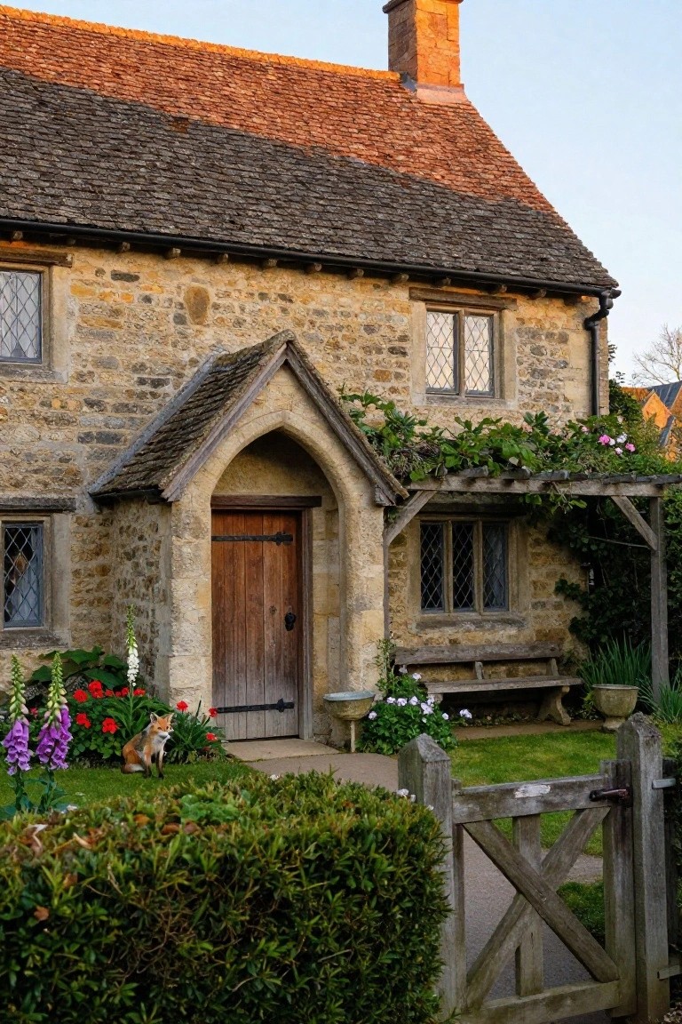 Stone cottage exterior with arched porch over wooden door, climbing vines on pergola, flowers and bench in front garden, wooden gate, and a fox sitting on grass.