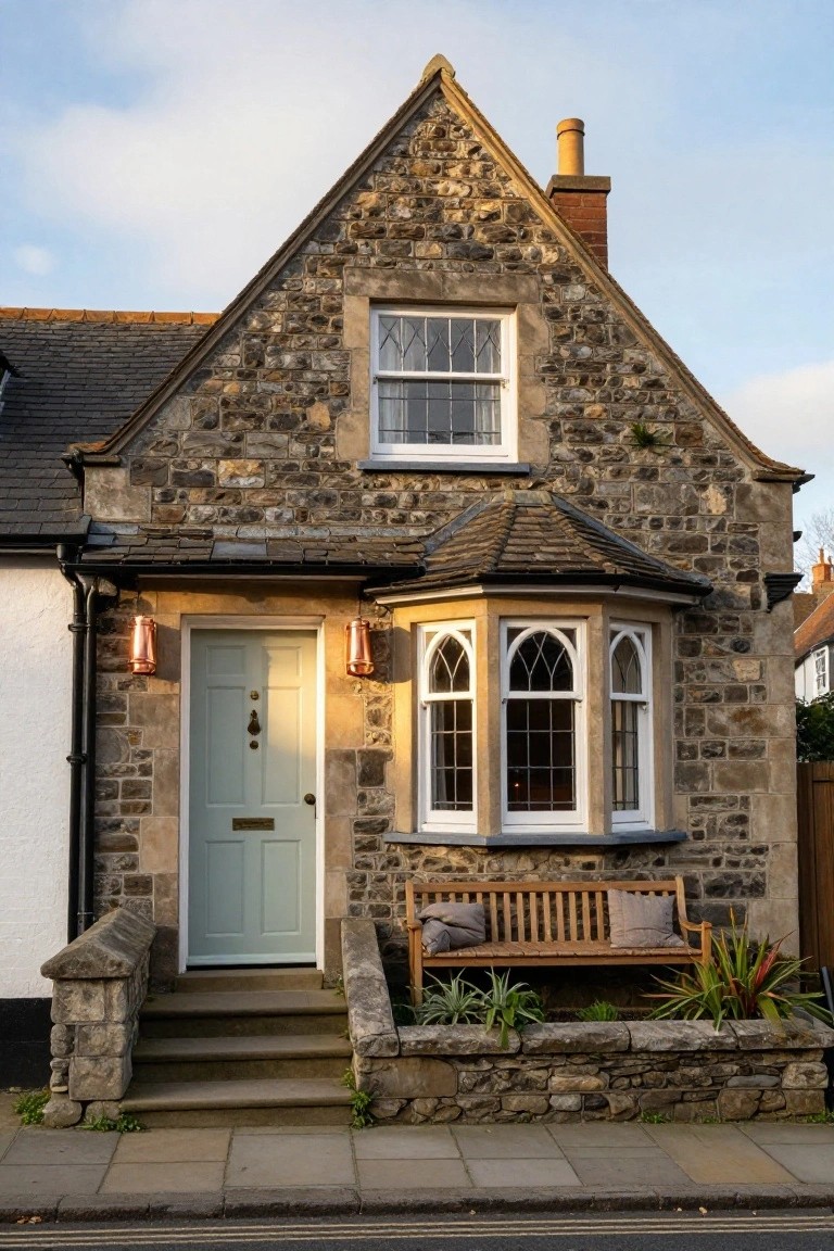 Stone cottage exterior featuring a turquoise front door flanked by copper lanterns, an arched bay window, wooden bench with gray cushions and potted plants on low stone walls beside steps, slate roof, and adjacent white house on a paved street.