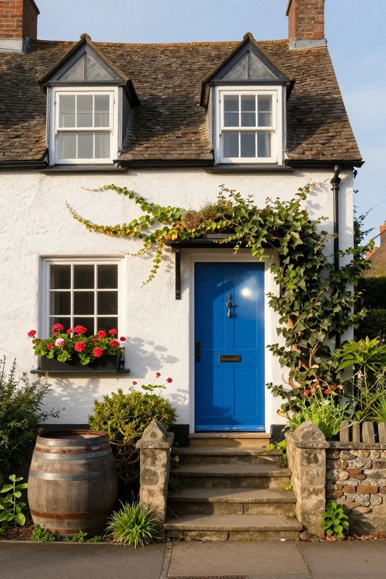 White stucco English cottage with ivy on the walls, blue front door, red geraniums in a window box, stone steps, barrel planter, and low plants in front.