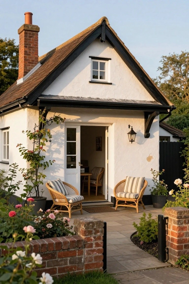A small white-rendered cottage with black timber framing, steeply pitched roof, open French doors on a patio with wicker chairs, climbing roses on one wall, potted plants, and a brick-edged pathway.