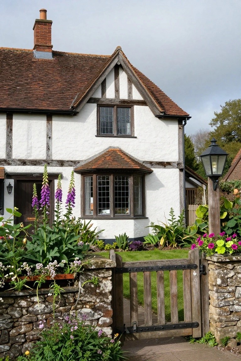 White half-timbered English cottage with dark wooden beams, red tiled roof, bay window, purple foxgloves by the door, colorful garden border, wooden gate, and stone wall.