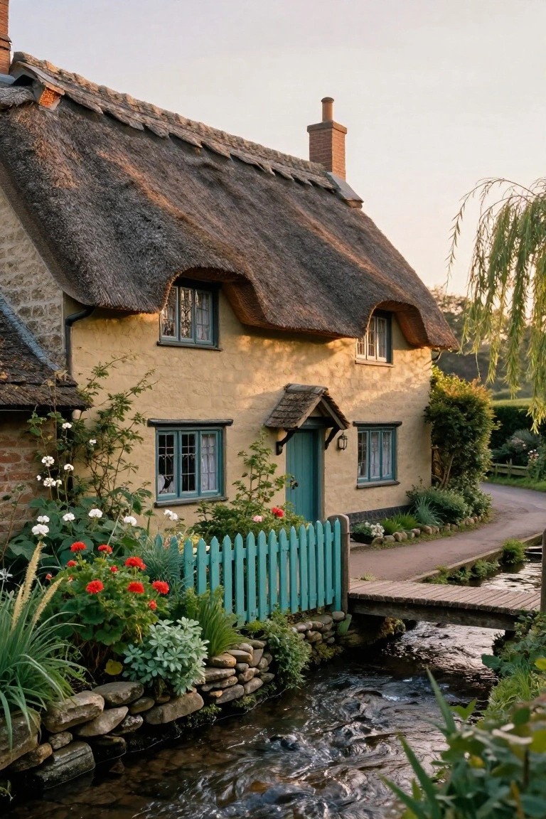 A quaint yellow stone English cottage with curved thatched roof, green windows and turquoise door, surrounded by colorful flowers, a picket fence, stone walls, wooden bridge, and flowing stream.