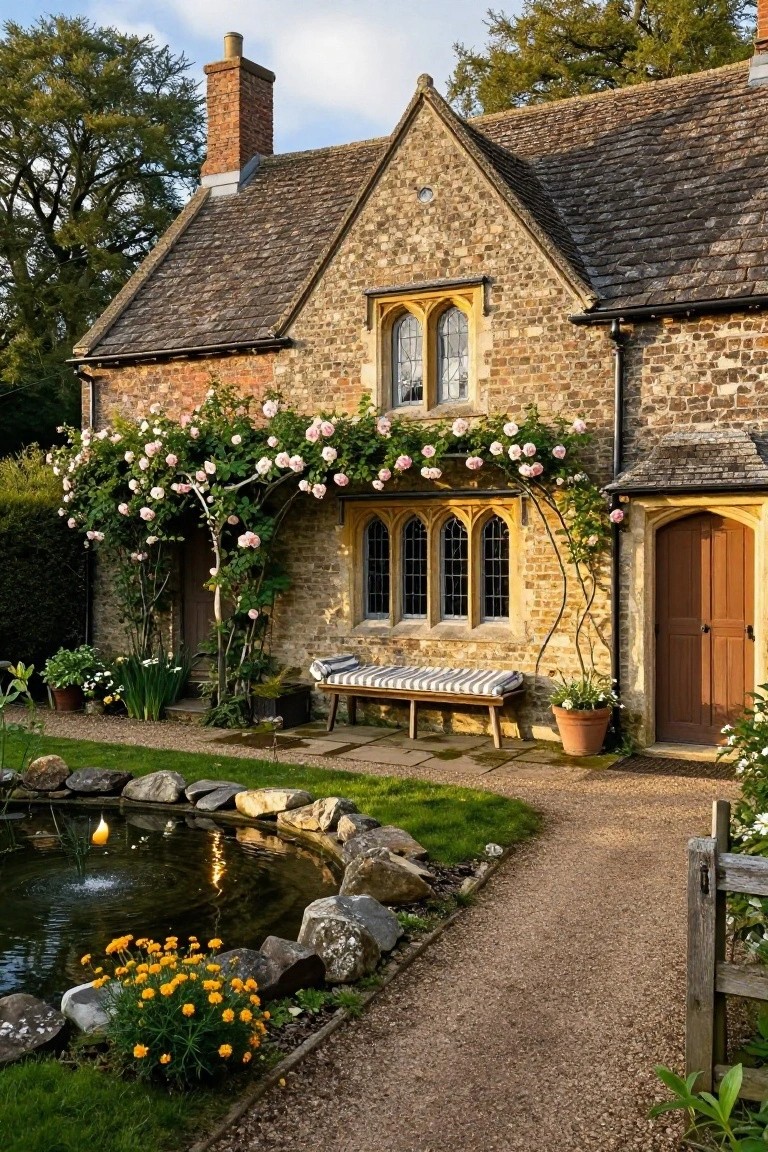 Stone cottage exterior with pink climbing roses arching over a wooden front door flanked by leaded gothic windows, a bench on a stone path nearby, potted plants, and a small garden pond edged in rocks.