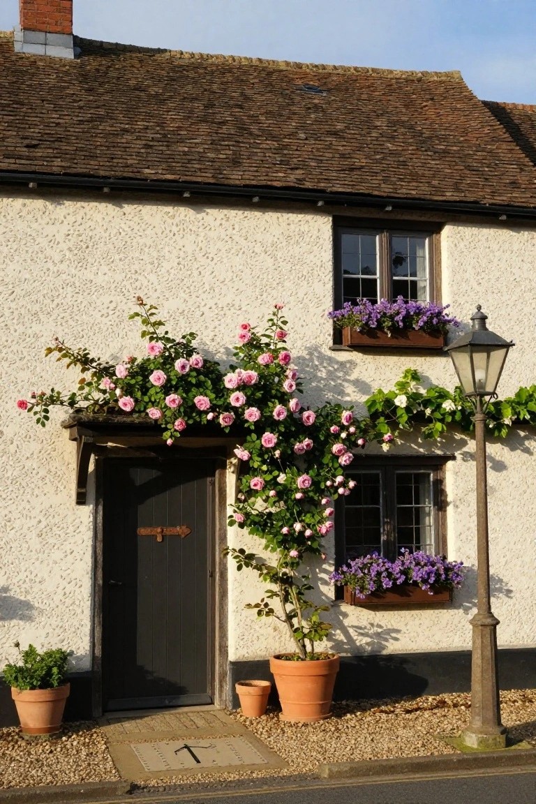 White rendered English cottage exterior with pink climbing roses draping over the dark wooden entry door, purple flower boxes in windows, potted plants on the ground, and a vintage street lamp beside the gravel path.