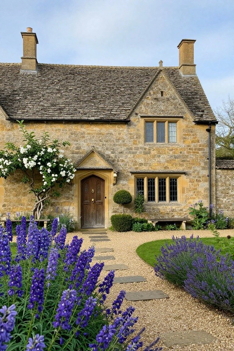 Honey-colored stone cottage exterior featuring a gabled roof, arched porch with wooden door, leaded windows, white-flowering tree beside the entry, lavender borders, and stepping stone path through gravel garden.